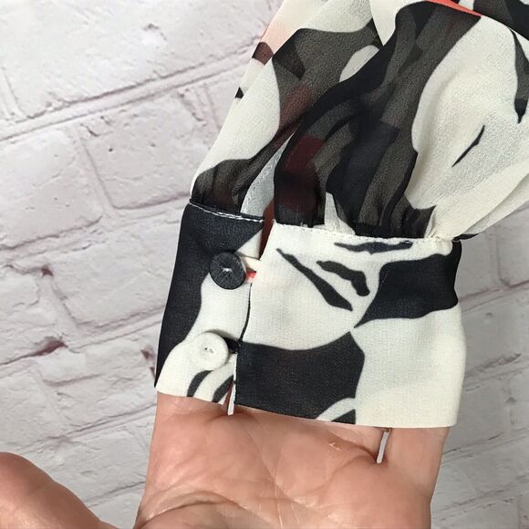 Modcloth Sheer Floral Button Front Blouse Womans Small Wide Collar Black Cream - Picture 3 of 8